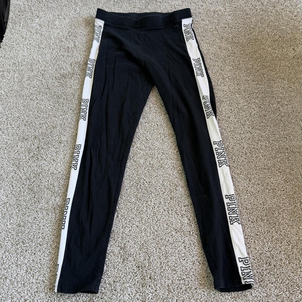 PINK Victoria's Secret Leggings Womens Small Black Ankle Side Stripe Yoga Pants